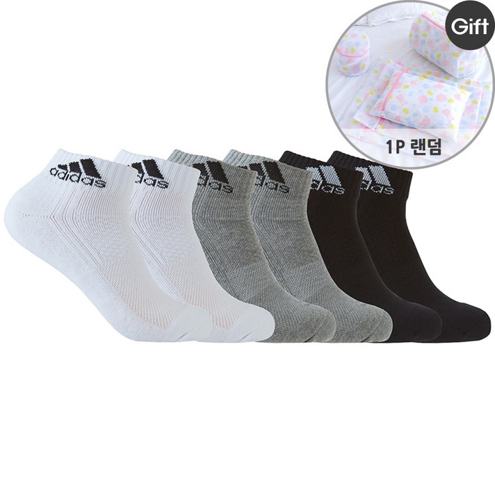 아디다스 남성 스포츠 양말 6팩 세트 + 사은품랜덤 발목 양말 두꺼운 발편한 양말, 블랙 2P+그레이 2P+화이트 2P