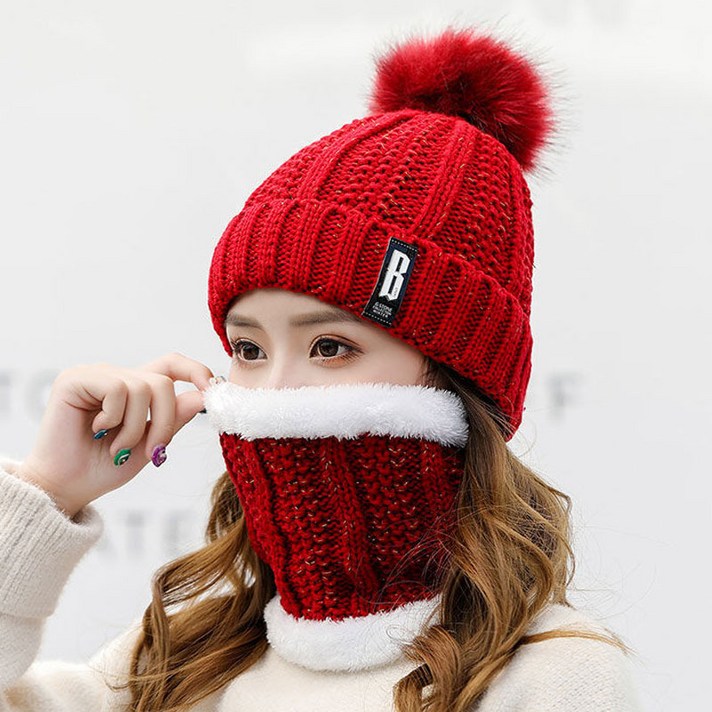 [사은품증정] 랄라닷 여성 겨울 모자 B패치 니트 방울 털모자 넥워머 세트 비니 방울 모자 방한모자 벙거지