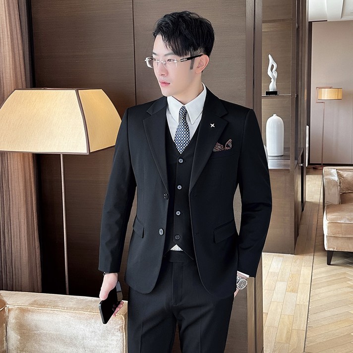 Enyofe 남성용 투버튼 캐주얼 쓰리피스 정장세트 재킷조끼바지 면접 기획 남자수트 3피스 결혼식 하객 남성 슈트 남자 겨울 검은 양복 세트 남성용 정장세트5컬러