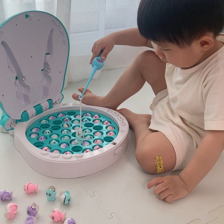  베비몽 빙글빙글 하마 낚시 놀이 어린이집 아기 유아 자석 물고기 장난감, 민트 