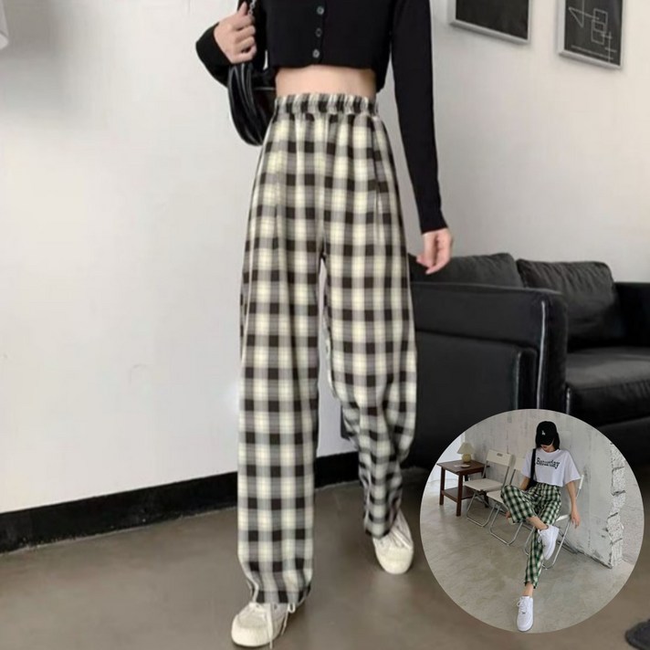 커머시오 여성용 편안한 고무줄 체크바지 4477사이즈
