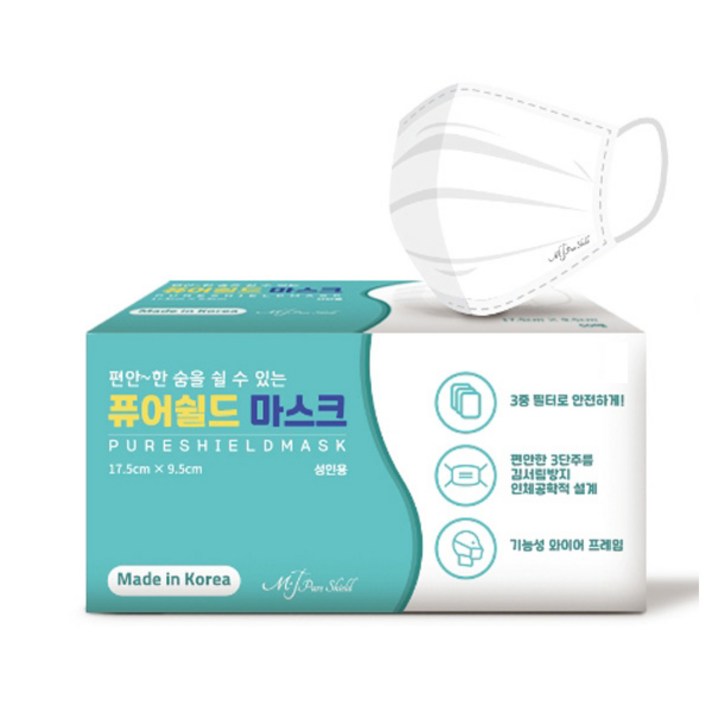 국산 퓨어쉴드 3중필터 일회용 덴탈 마스크 50매, 퓨어쉴드 3중필터 마스크(50매)