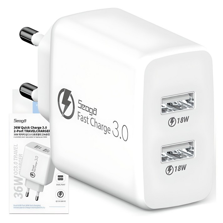 서가 36W 퀵차지 QC3.0 2포트 멀티 18W18W 동시 USB 고속 충전기, 화이트, 1개