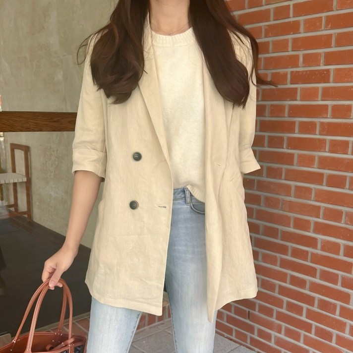 동대문스타일 여성 여름아우터 가볍고 시원한 7부 린넨자켓 여자 마자켓