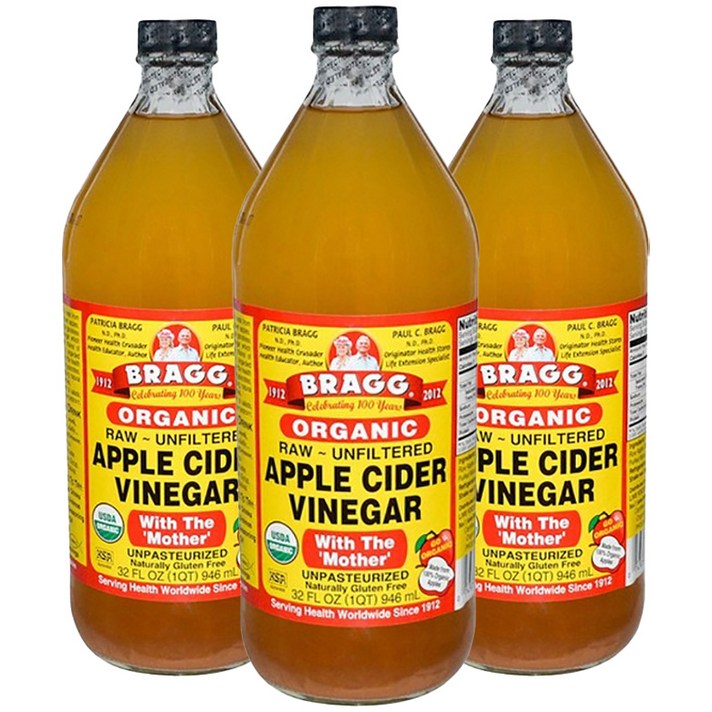브래그 로우 언필터드 사과 식초 언패스츄라이즈드, 946ml, 3개