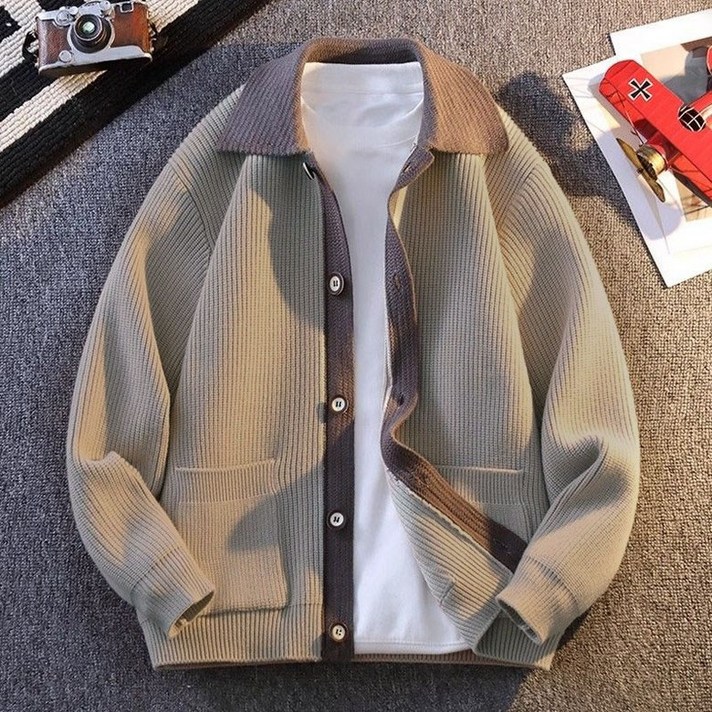 봄가을 남성 배색 카라넥 가디건 아우터 기본핏 루즈핏 골지 니트 코트 데일리룩