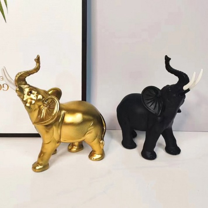 베이직 투컬러 길운 코끼리 장식품 재물운 길운 금전 권위 사업번창 개업선물 풍수 인테리어, 골드&블랙, 2종 커플
