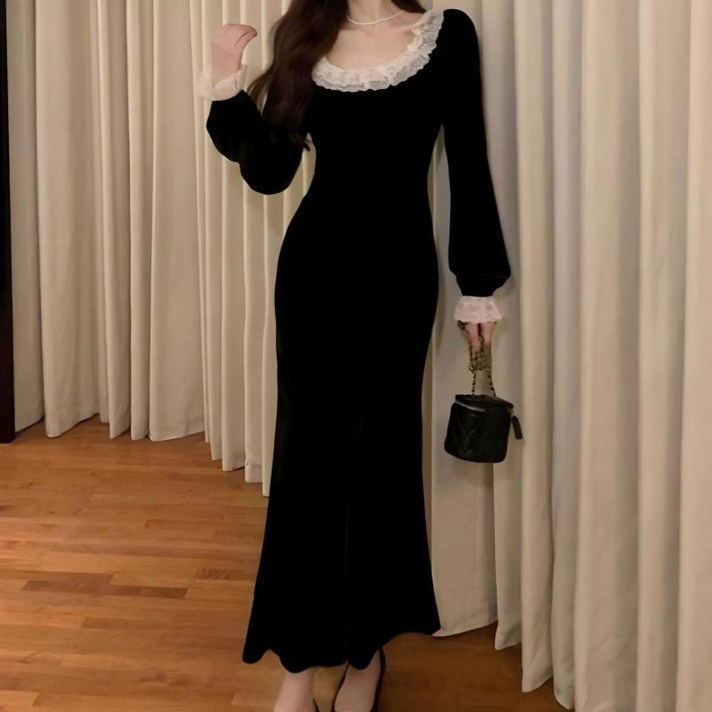 Couchsurfing 여성 프렌치 레이스 벨벳 원피스 624