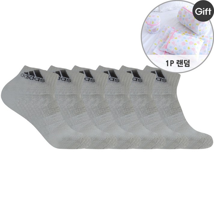 아디다스 남성 스포츠 양말 6팩 세트 + 사은품랜덤 발목 양말 두꺼운 발편한 양말, 그레이 6P