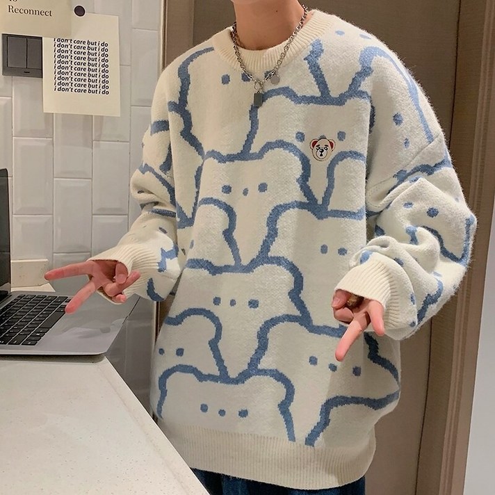 [ICE STONE] 가을 커플 니트 스웨터 남성 줄무늬 만화 곰 Streetwear 풀오버 하라주쿠 힙합 루즈 한 스웨터 니트 탑스