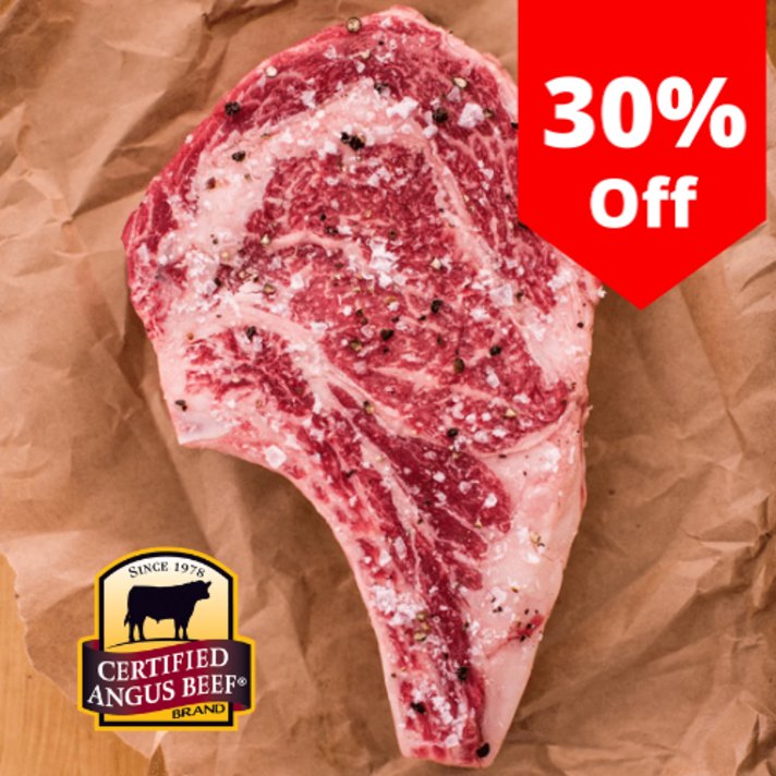  냉장 블랙앵거스 프라임급 토마호크 립아이 스테이크 Fresh Tomahawk Bone in Ribeye steak 신선하고 육즙 많은 꽃등심 새우살 우대갈비, 1.4kg (캠핑용 롱컷), 1개 