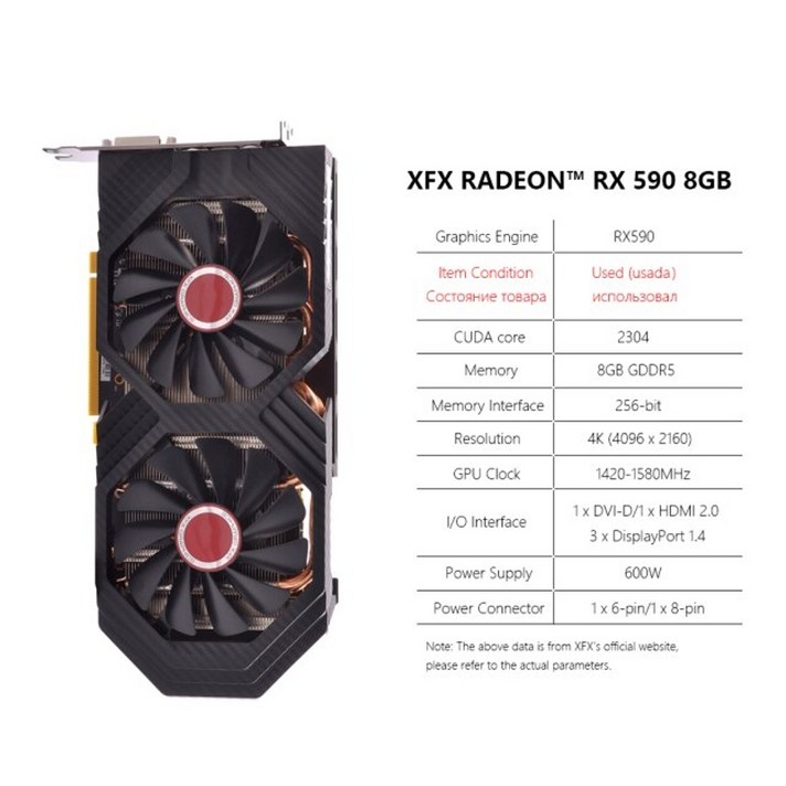 그래픽카드 XFX Radeon RX570 8GB 그래픽 카드 GDDR5 256비트 게임용 비디오 카드 DirectX 12 데스크탑 컴퓨터 GPU, RX590 8G 2304SP