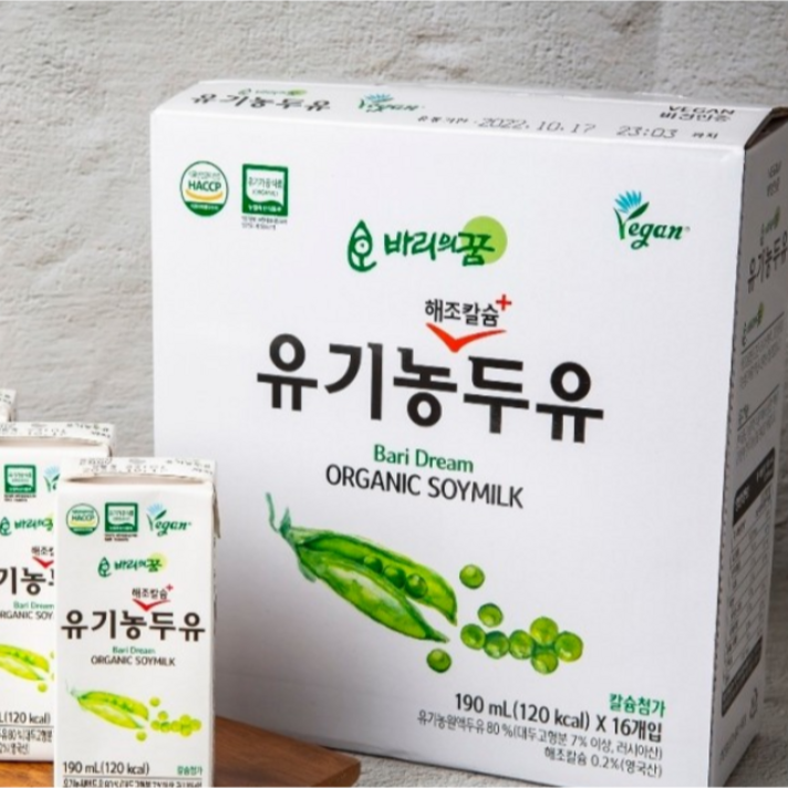  바리의꿈 유기농 두유 190ml x (32 48 64팩) Non GMO 유기농콩 비건인증, 120ml, 32개 