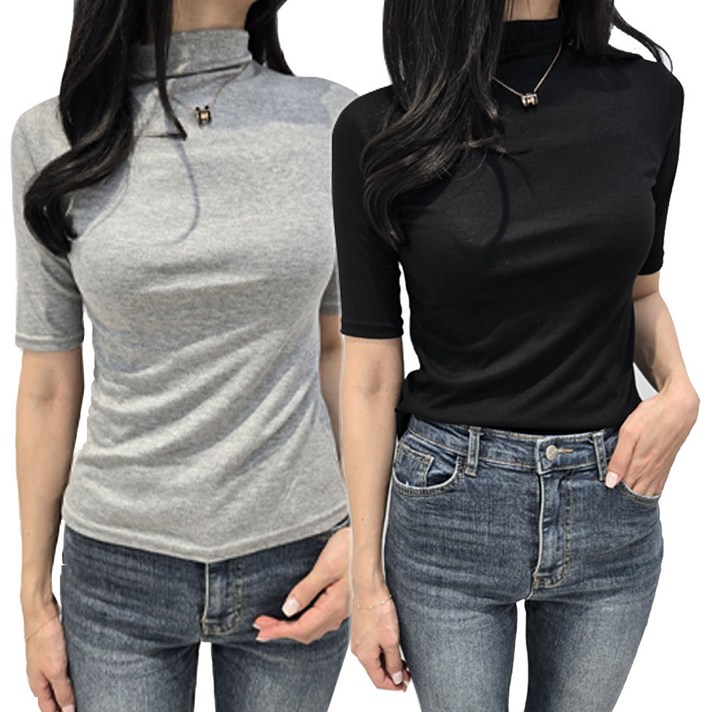 밀크린 여성 부드러운 반팔 반목티 목폴라티 2종 세트 폴라티 5부 티셔츠