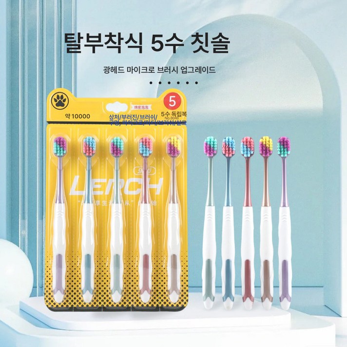 LERCH 사각 구멍 다채로운 5pcs 분리형 개별 포장 성인용 소프트 헤어 칫솔, 보여진 바와 같이