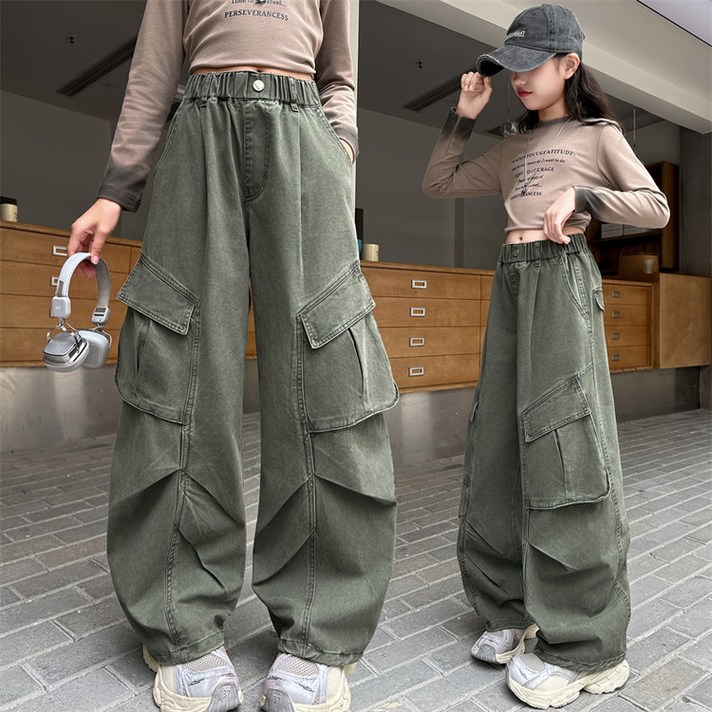 밀크봉봉 여아 초등학생 중학생 카키색 카고바지