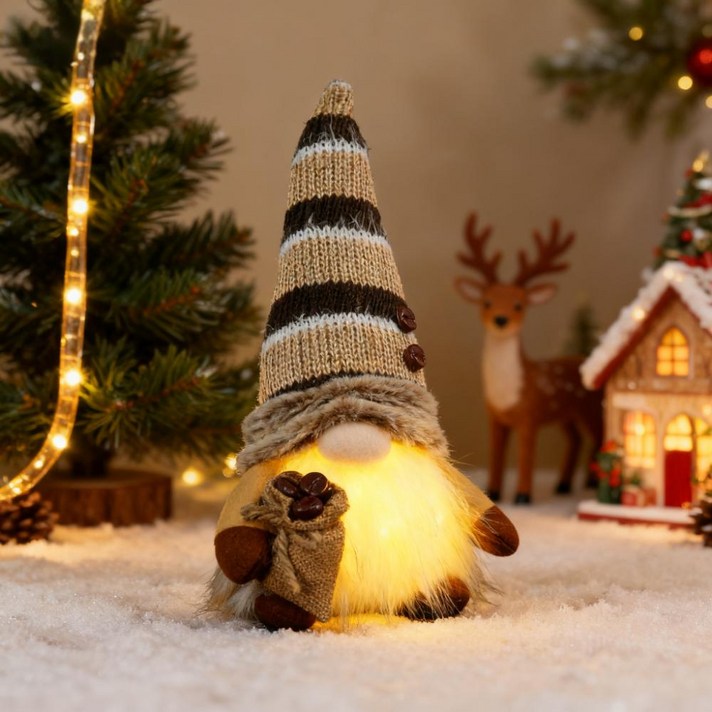 크리스마스 소품 LED 글리터 무드등 산타 노움 장식 반짝이는 테이블 데코 산타모자인형 커피인형 썰매인형, 1개, 커피 원두 베이지