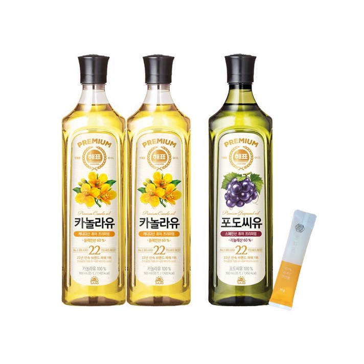해표 카놀라유 900ml 2P + 포도씨유 900ml 1P + 꿀따옴 꿀스틱 11g 1P, 1세트