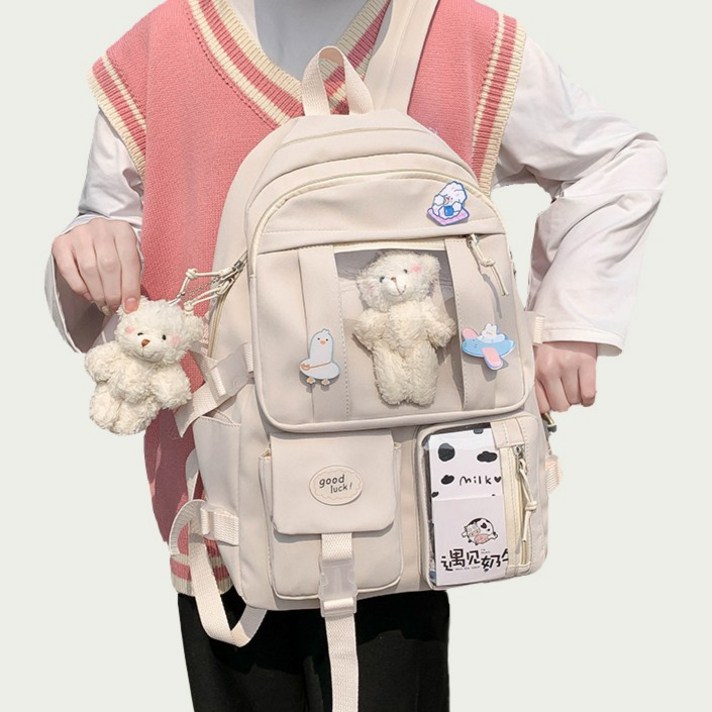 아이엔엠디 곰돌이 백팩 학생 데일리 남녀공용 책가방 + 인형 뱃지 포함