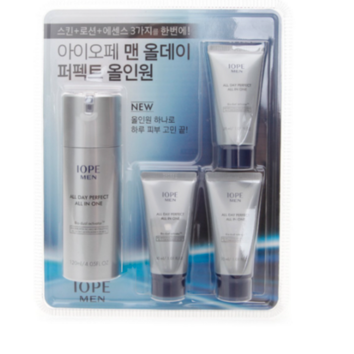 아이오페 맨 올데이 퍼펙트 올인원 120ML+10ml*3 칙칙하고 번들거리는 피부를 간편하게 케어 페퍼민트 추출물 함유되어 시원한 쿨링감 제공 스킨+로션+에센스 타입 남성, 1set, 120ml