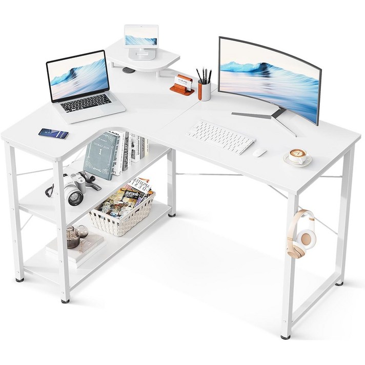 AODK 오른쪽 선반 코너형 컴퓨터 데스크,헤드셋 거치대 포함 책상 ㄱ자, 흰색왼쪽 선반
