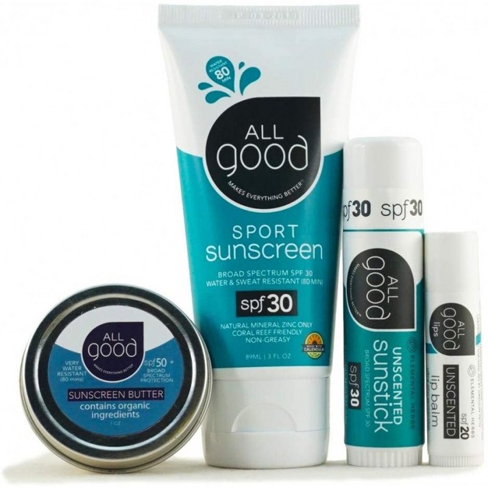 모든 굿 미네랄 썬 케어 세트-SPF 립밤 썬 스크린 로션 & 버터 스틱 페이스 / 노즈 / 이어 썬 스틱-방수 및 산호초 안전 (무