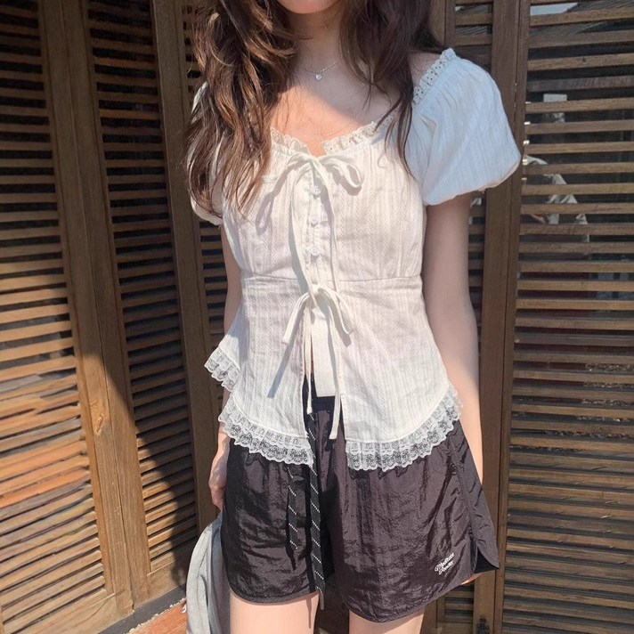 리브하모 여성 여름 캐주얼 레이스 블라우스 반팔 셔츠