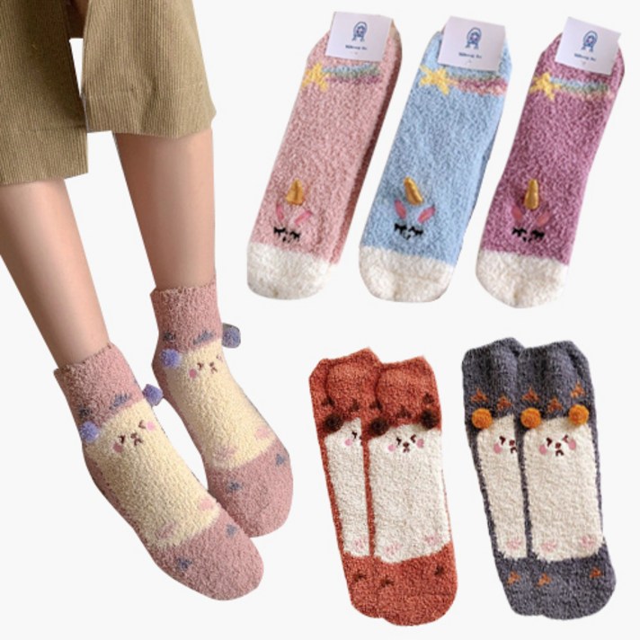 빅걸스토리 여성 입체 유니콘 고슴도치 따뜻한 겨울 랜덤 수면양말 6종 세트