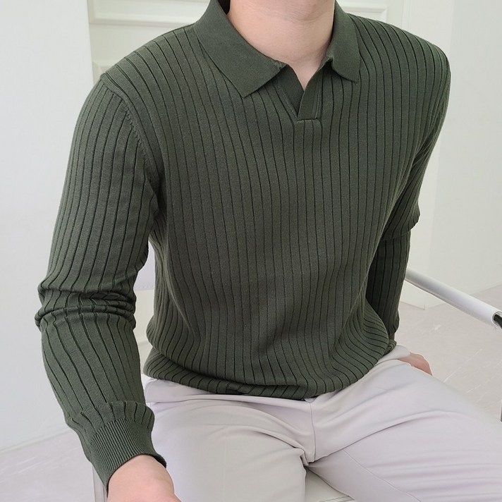 남성 가을 옷 골지 오픈 니트 카라 긴팔티셔츠 6Color