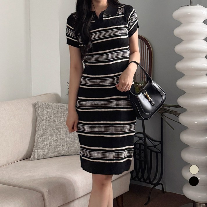 디테일웨어 여성 노랑매 카라넥 스트라이프 골지 니트원피스 미디기장 줄무늬 휴양지 슬림 반팔 원피스
