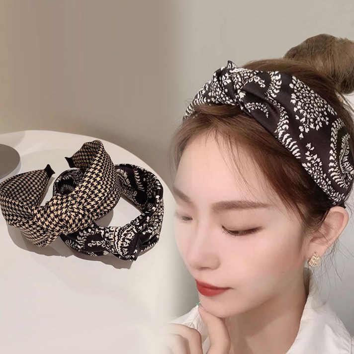  워더미 ﻿[2개세트] 블랙 체크 와이드 반다나 꼬임 헤어밴드 머리띠 F570 