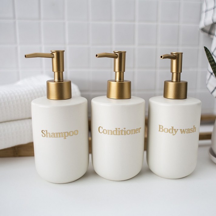 홈스토킹 도자기 욕실 디스펜서 370ml 화이트 골드 샴푸,컨디셔너,바디워시 3p 1SET, WG, 1세트