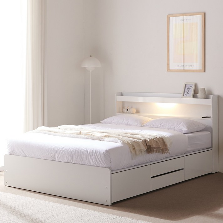 바로방가구 샤인 LED 수납형 서랍형 슈퍼싱글 퀸 침대 프레임, 화이트