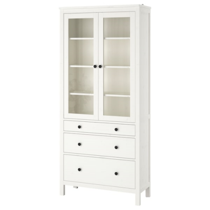 이케아 HEMNES 헴네스 유리장식장+서랍3 화이트 스테인 90x198 cm 303.528.83