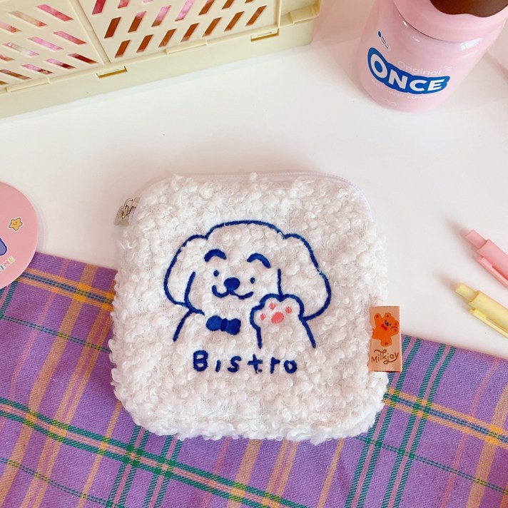 [리틀데이지] 올 뉴 뽀글이 사각 시크릿파우치 납작이 메이크업 가방속정리 귀여운 양털 곰돌이 캐릭터 생리대보관 파우치