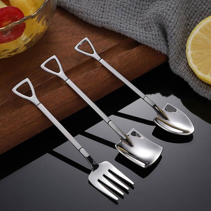 1+1+1+1+1+1(6개) 고급형 삽 모양 SUS304 스텐 티스푼 포크 디저트스푼 요거트스푼 디저트포크, 사각형(3개)+포크형(3개)