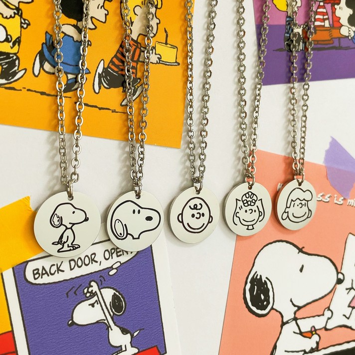 로울 [볼체인] 써지컬스틸 스누피 미아방지 목걸이, 스누피얼굴, 유광, 35cm