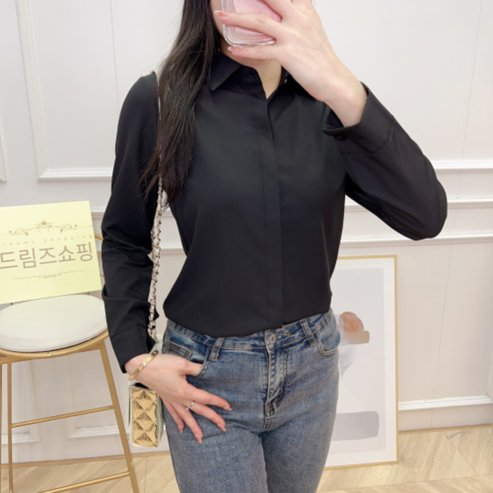 핫스윗 빅사이즈 여성 검정 셔츠 히든버튼 블라우스 블랙 긴팔