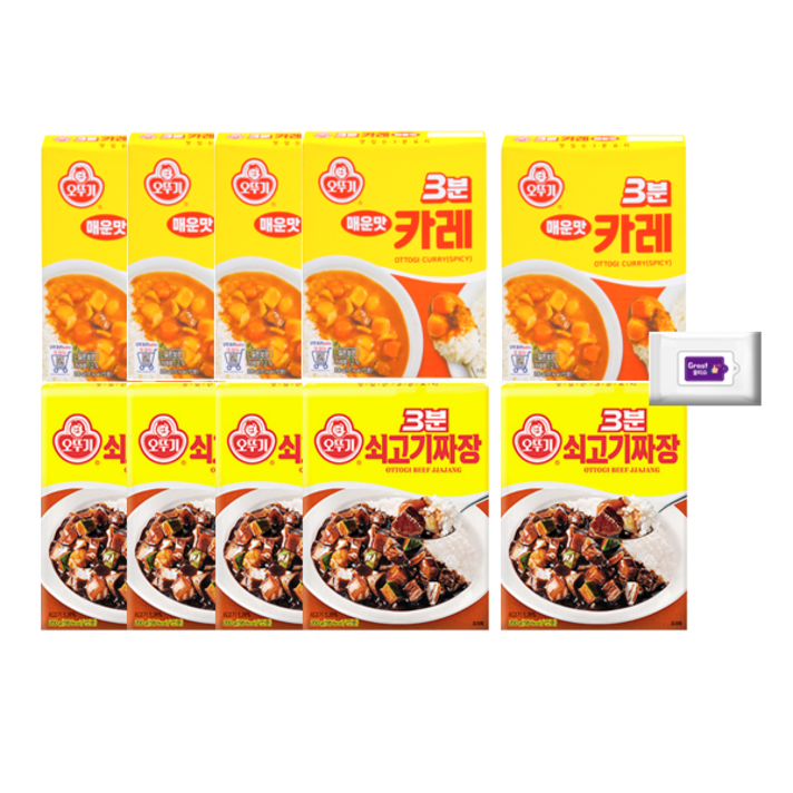 오뚜기 3분카레매운맛(200g) 5개+쇠고기짜장(200g) 5개+그레잇물티슈(10매), 3분카레매운맛5+쇠고기짜장5+그레잇물티슈