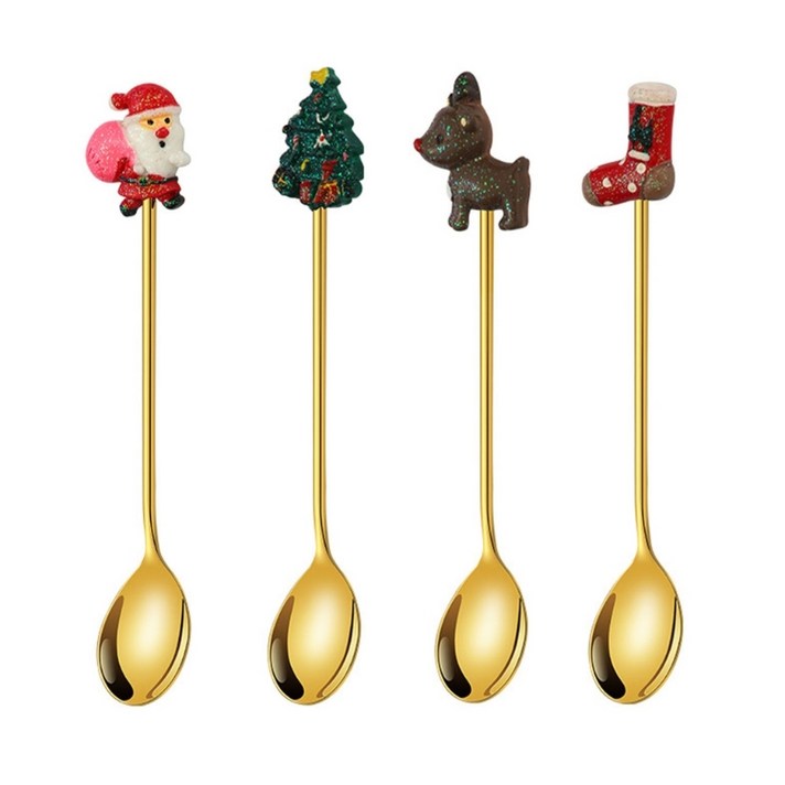 4 개의 스테인레스 스틸 과일 포크/스푼 문 케이크 포크 커피 스푼 과일 작은 포크 디저트 숟가락 포크 4 스타일 세트, 금 숟가락