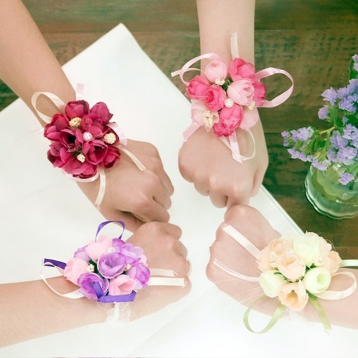 브라이덜샤워 조화 꽃팔찌 웨딩 팔찌 4color [플라워 셀프 우정 스냅 촬영 소품 악세사리 손목코사지], 핑크