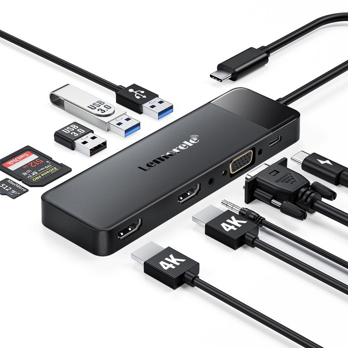 Lemorele 10 in1 USB C 허브 유형 C 도킹 스테이션 PD 100W 4K HDMI USB 3.0 허브 SDTF 카드 슬롯 VGA 포트, 검정, 1개