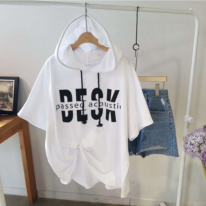 상상그이상 여성용 국내제작 데스크 후드 티셔츠 포인트 영문 레터링 루즈핏 반팔 티셔츠