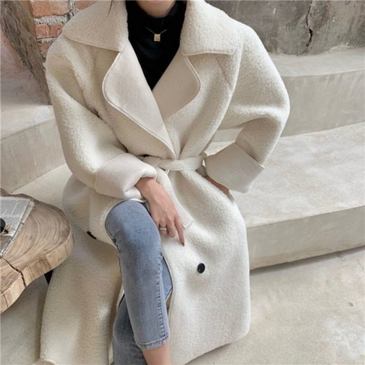 여성용 라니아 양털 카라 롱 코트