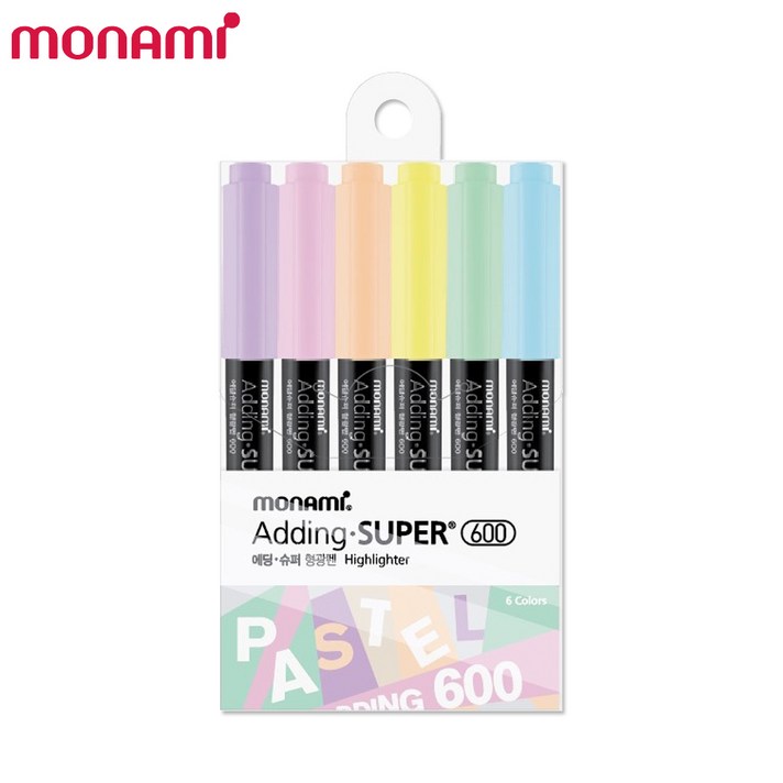 모나미 에딩 슈퍼 형광펜 600 파스텔 6색세트 / 사각닙 / Chisel Tip / 육각형 캡 / 은은한 컬러, 6색
