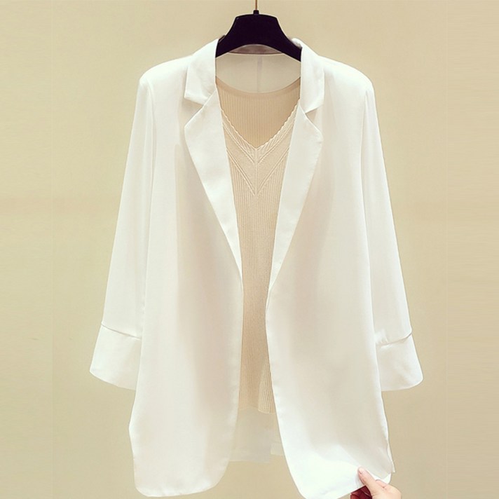 Izeriel 여성 화이트 쉬폰 블레이저 중장기 자켓 우아하고 가벼운 실루엣 봄여름용 캐주얼 루즈핏 얇은 아우터