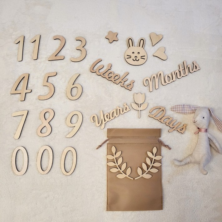 신생아 아기 우드토퍼 셀프촬영 우드 디데이 생일 50일 200일 100일 토끼띠 출산선물 우드 성장카드 촬영소품 디데이 베이비 나무숫자 셀프촬영소품 200일 여아 남아 산모 본아트, 토끼띠세트