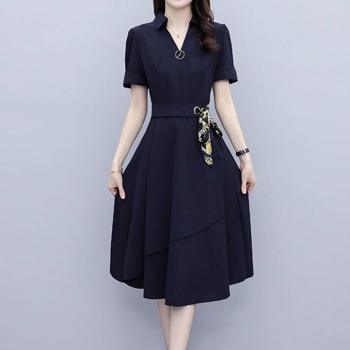 잇츠스타일 여성 V넥 캐주얼 실키 네이비 블루 슬림핏 우아한 모임룩 미디원피스