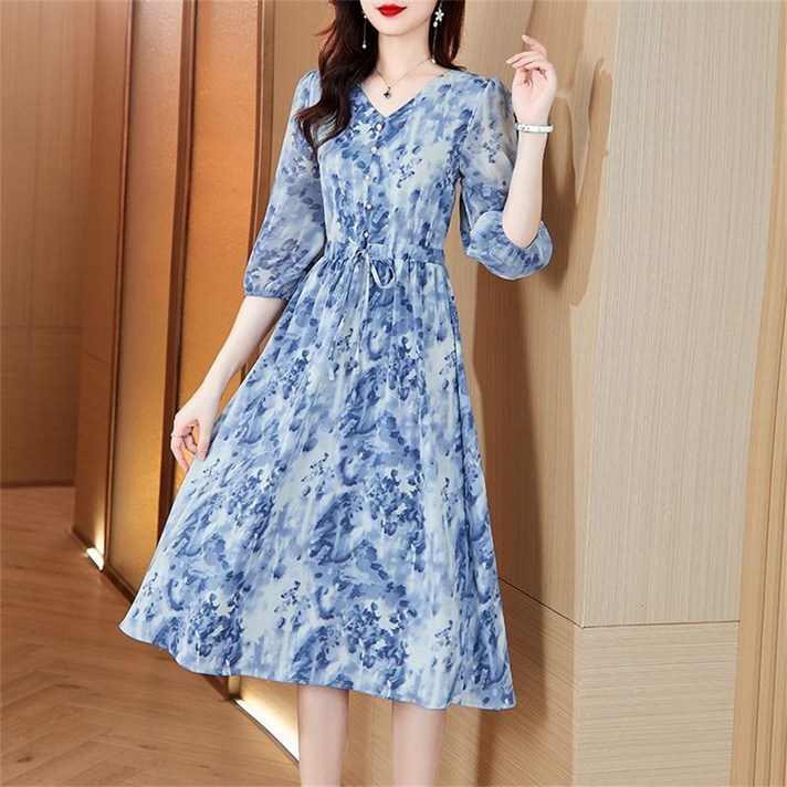 besteffie 여성 봄 여름 얇은 소재 프린트 브이넥 7부 소매 허리스트링 원피스 패션 스타일 K81 besteffie 여성 봄 여름 얇은 소재 프린트 브이넥 7부 소매 허리스트링 원피스 패션 스타일 K81
