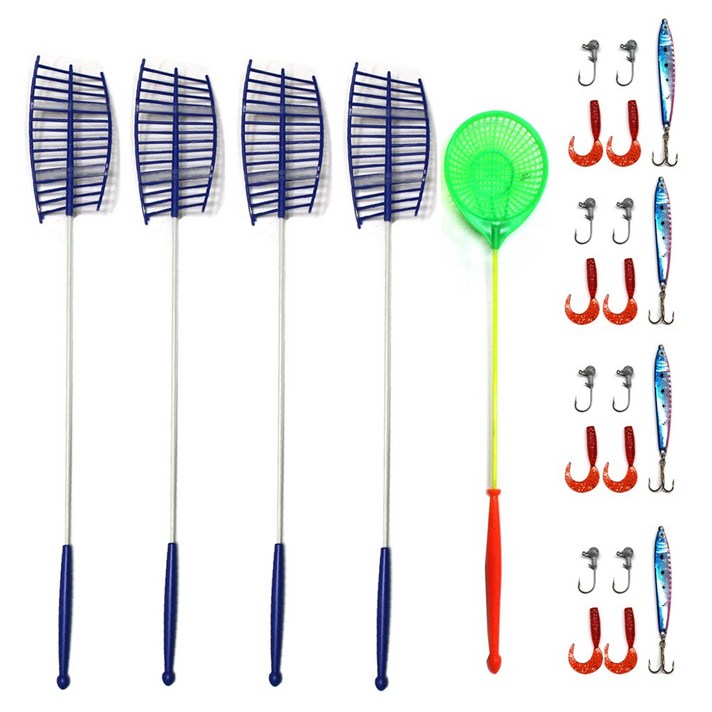 송어 산천어채비4+견지낚시대4+얼음뜰채1 4인세트 얼음낚시대세트, 송어채비4+견지대4+뜰채1_4인세트